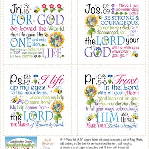 May include: A set of four fabric art panels with inspirational quotes. Each panel features colorful floral and bee accents, with text from the Bible. The panels are designed for creating mug mats, banners, or pouches. The text includes "For God", "Be Strong & Courageous", "I lift up my eyes", and "Trust in the Lord".