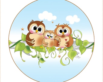 Owl Family Round 5" Fabric Panel for Rope Bowls - R.04
