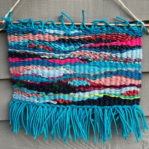 Woven wall hanging tapestry home decor handmade weaving wall art loom weave fiber art textile boho pink blue cozy home free shipping