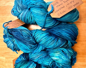 COTTON hand dyed yarn tie dye blue turquoise teal skein ball Worsted 4 ply 2.5oz 120 yards FIVE left free shipping