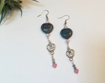 Czech Pressed Glass Heart with Flower Earrings