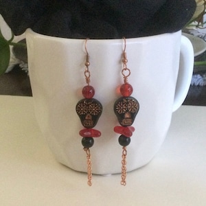 Sugar Skull Bead Earrings Jet/Copper Wash Czech Pressed Glass