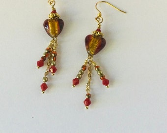 Red and Gold Glass Heart shape Bead Earrings