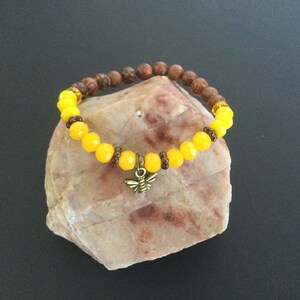 Stretch Bracelet Goldenrod and Brown beads with Metal Bee Charm dangle