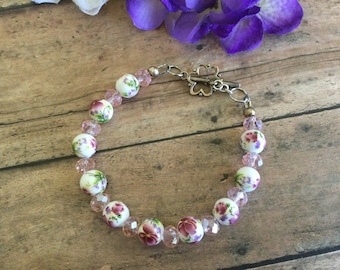 Porcelain floral round beads pink/green and pink crystal rondelles bracelet