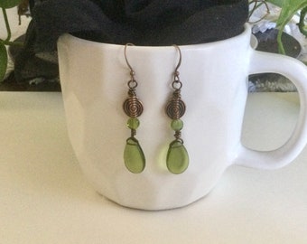 Green Tear Drop Wire Wrap Earrings