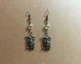 Antique Bronze Owl and Glass Star earrings