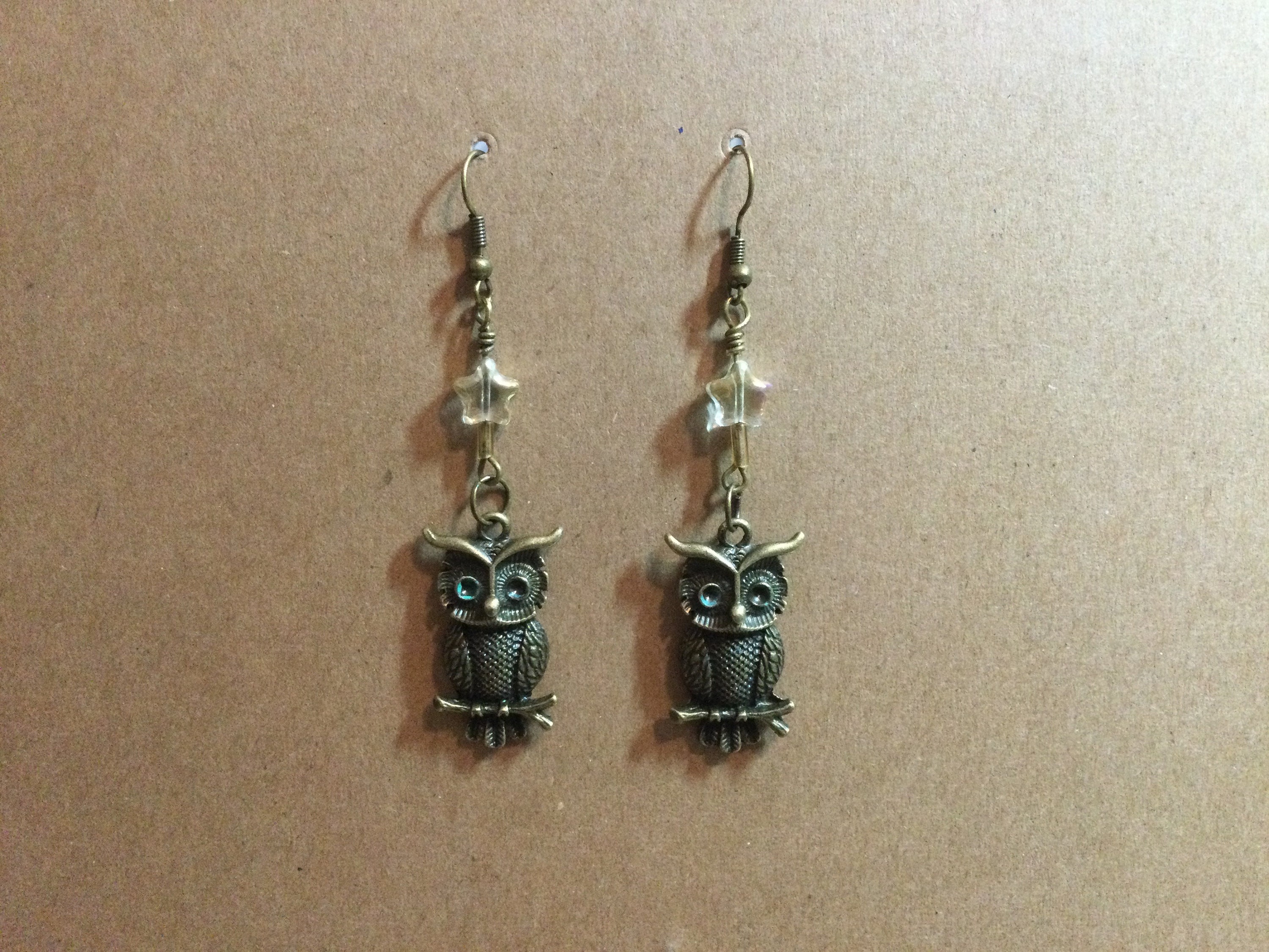 Antique Bronze Owl and Glass Star earrings