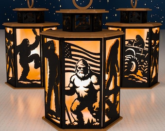 Patriotic Bigfoot Lantern SVG, Sasquatch Laser Cut File, Rustic Wood Lamp (Digital Download)
