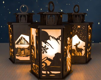 3D Christmas Lantern Laser Cut File, Winter Cabin Scene (SVG DXF)