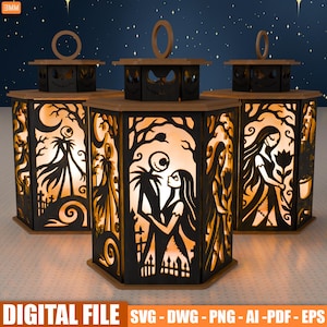 May include: Three hexagonal lanterns featuring black laser-cut panels with silhouettes of characters from The Nightmare Before Christmas. The panels depict scenes with Jack Skellington and Sally against a warm, glowing orange light background.