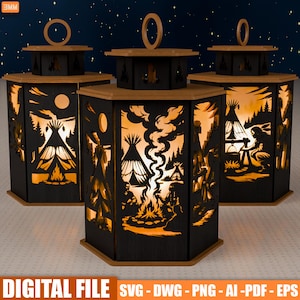 Op de afbeelding: Drie zwarte houten lantaarns met inheemse Amerikaanse uitsparingen, van binnenuit verlicht. Elke lantaarn heeft een houten bovenkant met een handvat. De uitsparingen tonen tipi's, figuren en kampvuren. De tekst "DIGITAL FILE" en bestandstype-afkortingen staan onderaan.