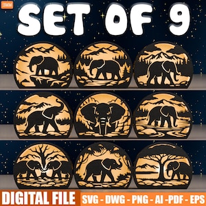 May include: A set of nine wooden elephant silhouette designs. Each design features a black elephant against a warm, glowing background, set within various natural landscapes. The text "SET OF 9" and "DIGITAL FILE" are visible.