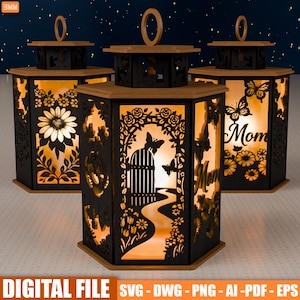 May include: Three black, hexagonal lanterns with detailed floral and butterfly cutouts, lit from within. The lanterns have wooden tops and bases, with the word "Mom" displayed on one. The image also includes the text "DIGITAL FILE".