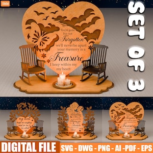 Puede incluir: Un conjunto de recuerdo de madera en forma de corazón con dos mecedoras, velas y el texto "You're gone but not forgotten." El conjunto incluye tres diseños similares. También se ven las palabras "DIGITAL FILE" y "SVG - DWG - PNG - AI - PDF - EPS".