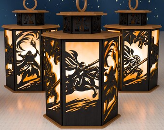 Knight Dragon Battle Lantern SVG | Fantasy Laser Cut Light Box File (Digital Download)