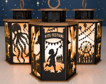 Kite Festival Lantern SVG, Six-Sided Laser Cut File, Summer Carnival Decor (Digital Download)
