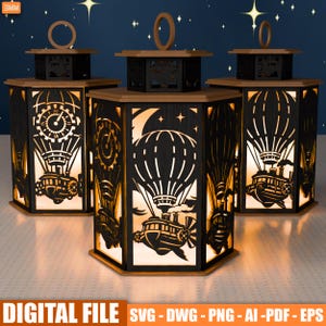 May include: Three illuminated wooden lanterns with steampunk designs. Each lantern features a laser-cut design of a hot air balloon, clock, and train. The lanterns have a wooden top and base, with a handle. The text "DIGITAL FILE" is at the bottom.