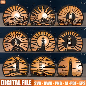 Peut inclure: Collection de neuf modèles décoratifs de phares en bois. Chaque modèle présente une silhouette de phare avec un fond de soleil rayonnant. Les modèles varient, avec des vagues, des nuages et différents styles de phares. La phrase "DIGITAL FILE" est en bas.