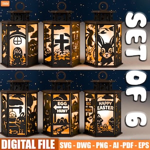May include: A set of six decorative lanterns with Easter-themed cut-out designs. Each lantern features a different scene, including bunnies, eggs, and the text "EGG HUNT" and "HAPPY EASTER". The lanterns are dark brown with a warm, glowing interior.
