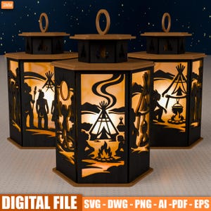 Indiaanse lantaarn SVG | Tribal kamplantaarn SVG | Tipi lasergesneden bestand | Inheemse scène lichtbak SVG