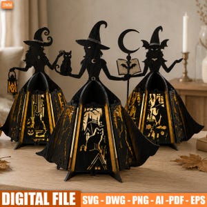 Puede incluir: Tres linternas de madera negra cortadas con láser con temática de brujas e iluminación interior cálida. Cada linterna presenta siluetas intrincadas de brujas, gatos, calabazas y una luna creciente. El texto DIGITAL FILE SVG-DWG-PNG-AI-PDF-EPS es visible.