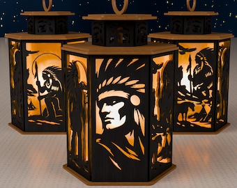 Native American Chief Lantern SVG | Tribal Leader Portrait SVG | Indigenous Lantern Laser Cut File | Warrior Chief Light Box SVG