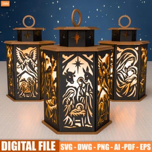 May include: Three hexagonal lanterns made of dark wood with intricate laser-cut panels depicting nativity scenes, including figures of the holy family, angels, and animals, illuminated from within against a dark blue starry background.