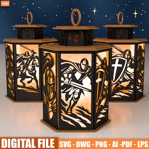 May include: Three decorative wooden lanterns with knight silhouettes. Each lantern has a wooden top and base, with a cutout design of a knight in armor. The lanterns are illuminated from within, creating a warm glow. The text "DIGITAL FILE" is at the bottom.