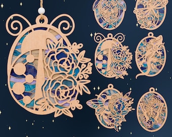 3D Layered Floral Critter Ornament SVG | Faux Stained Glass Laser Cut File