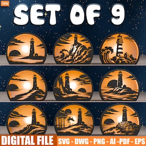 Puede incluir: Un conjunto de nueve diseños decorativos de faros, cada uno en un marco semicircular con un fondo de puesta de sol naranja. El texto "SET OF 9" está en la parte superior, y "DIGITAL FILE" y las abreviaturas de tipo de archivo están en la parte inferior.