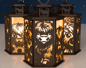 3D Highland Cow Lantern SVG File | Floral Farmhouse Laser Cut Decor