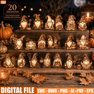 Op de afbeelding: Een digitaal bestandenpakket met 20 Halloween-kabouter houten decorontwerpen. De collectie bevat lasergesneden houten kaboutersilhouetten met ingewikkelde uitsparingen, van achteren verlicht, met diverse griezelige thema's zoals pompoenen, geesten en vleermuizen.