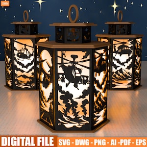 May include: Three hexagonal lanterns with a laser-cut design featuring helicopters, mountains, and trees. The lanterns are black with a wooden top and base, and they are illuminated from within, creating a warm glow. The text "DIGITAL FILE" and file type abbreviations are at the bottom.