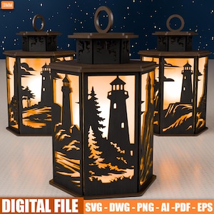 May include: Three dark brown hexagonal lanterns with lighthouse silhouettes. Each lantern has a ring handle and a warm, glowing interior. The lighthouse designs are cut out of the panels, creating a scenic effect. The lanterns are on a light surface.