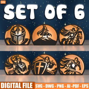 May include: Set of six laser-cut wooden knight-themed designs. Each design features a different knightly image, including a helmet, a standing knight, and knights on horseback. The text "DIGITAL FILE" and file type abbreviations are also present.