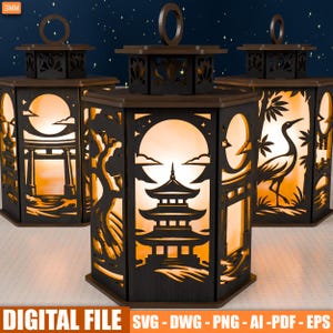 May include: Three dark brown wooden lanterns with intricate cut-out designs depicting Japanese scenes. Each lantern has a handle and a warm, glowing light inside. The text "DIGITAL FILE" and file type abbreviations are at the bottom.