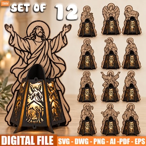 Puede incluir: Un conjunto de 12 figuras religiosas de madera cortadas con láser y estructuras de linternas iluminadas. Cada pieza presenta siluetas intrincadas de personajes bíblicos, incluyendo a Jesús, ángeles y la escena de la natividad.