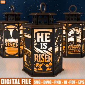 May include: Three illuminated wooden lanterns with intricate cut-out designs. The lanterns feature the words "HE IS RISEN" and religious imagery. The lanterns are dark brown with a warm, glowing light inside, and have a handle at the top.