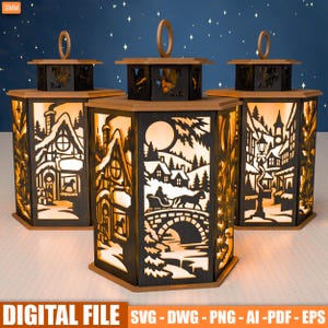 May include: Three hexagonal lanterns featuring intricate black laser-cut panels with winter village scenes, including a horse-drawn sleigh on a bridge, illuminated from within by a warm glow, topped with a circular hanging loop, digital file format.