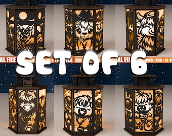 Highland Cow Lantern SVG Set | Laser Cut Farmhouse Decor (3MM Wood)