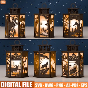 May include: Six decorative lanterns with laser-cut wildlife scenes, including a bear, eagle, fox, deer, wolf, and owl. Each lantern has a handle and is illuminated from within, creating a warm glow. The lanterns are brown and sit on a surface with a starry background.