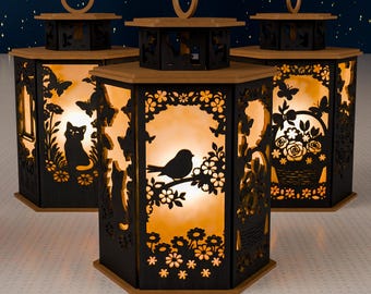 Garden Animal Lantern SVG | Laser Cut Cat Bird Floral Light Box (Digital Download)