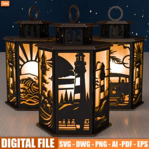 May include: Three decorative wooden lanterns with cut-out designs of a lighthouse, waves, and a sunset. The lanterns have a warm, glowing light inside. The text "DIGITAL FILE" and file type abbreviations are at the bottom.