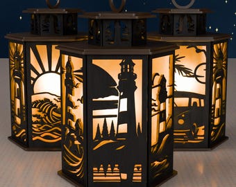 3D vuurtorenlantaarn SVG | Lasergesneden lichtbak strandscène (digitaal bestand)