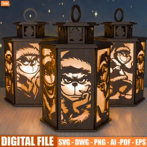 May include: Three wooden lanterns with cut-out character designs, lit from within. The lanterns have a dark brown finish and a hexagonal shape. The image includes the text "DIGITAL FILE SVG - DWG - PNG - AI - PDF - EPS".