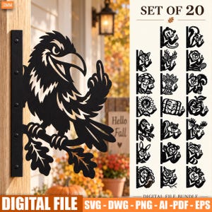 May include: A set of 20 black digital graphic designs featuring various animals and plants, each depicted with a raised middle finger. The collection includes a crow, fox, deer, mushroom, sunflower, apple, rabbit, bear, owl, and other woodland creatures.