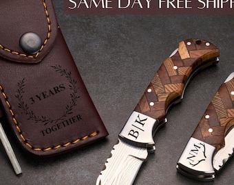 Anniversary Pocket Folding Knife, Custom Engraved Handmade Pocket Knife, Personalized Gift for Men, Groomsmen Gifts, Wedding Gift, Mens Gift