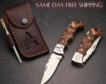 Groomsmen Gift Knife, Damascus Steel Knife, Personalized Groomsman Gift, Engraved Pocket Knife, Fathers Day Gift, Personalized Gift for Him