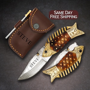folding knife, pocket knife, gift for him, gift for husband, damascus knife, personalized gift, christmas gift, fisherman, fishing gift, camping, gift for dad, fishing, hunting gifts for men, fish, bass, pocket knives, knive, catching fishes